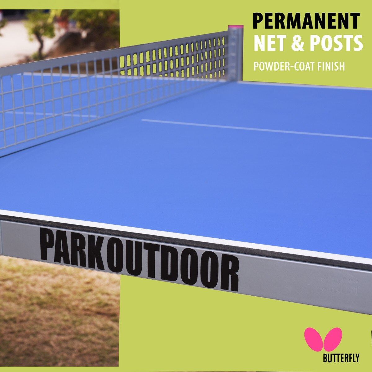 Butterfly Park Outdoor Ping Pong Table, shown here is perfect for the outdoors. Built with schools, resorts or campgrounds in mind. Built with a permanent net and posts in place.
